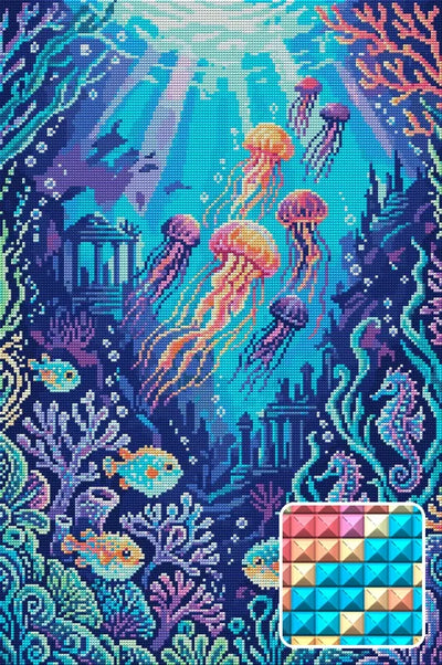 Colorful Underwater Fantasy Scene, 40x60 cm timanttimaalaus – lopullisen kuvion esikatselu ja lähikuva neliönmuotoisista timanteista