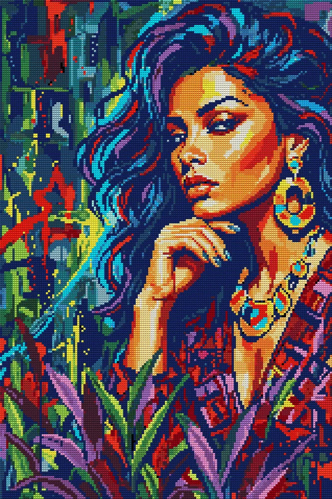Colorful Woman Portrait Art, 40x60 cm timanttimaalaus – koko kuvion esikatselu ilman lähikuvaa