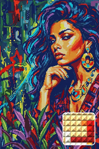 Colorful Woman Portrait Art, 40x60 cm timanttimaalaus – lopullisen kuvion esikatselu ja lähikuva neliönmuotoisista timanteista