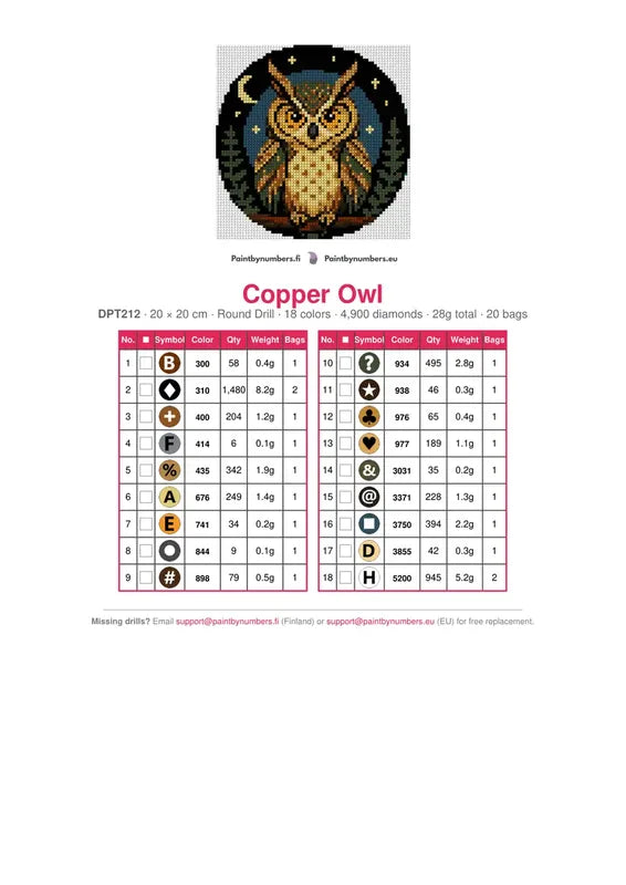 Copper Owl timanttimaalauksen värikartta – 18 DMC-väriä
