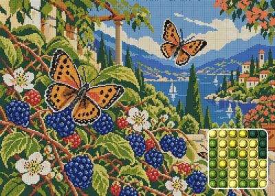 Copper Wings at the Blackberry, 70x50 cm timanttimaalaus – lopullisen kuvion esikatselu ja lähikuva pyöreistä timanteista