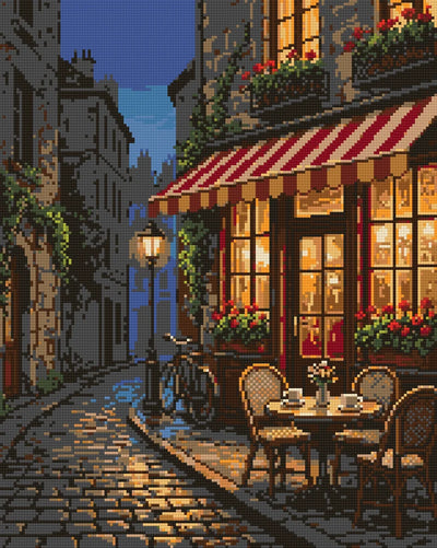 Corner Café at Blue Hour, 40x50 cm timanttimaalaus – lopullisen kuvion esikatselu