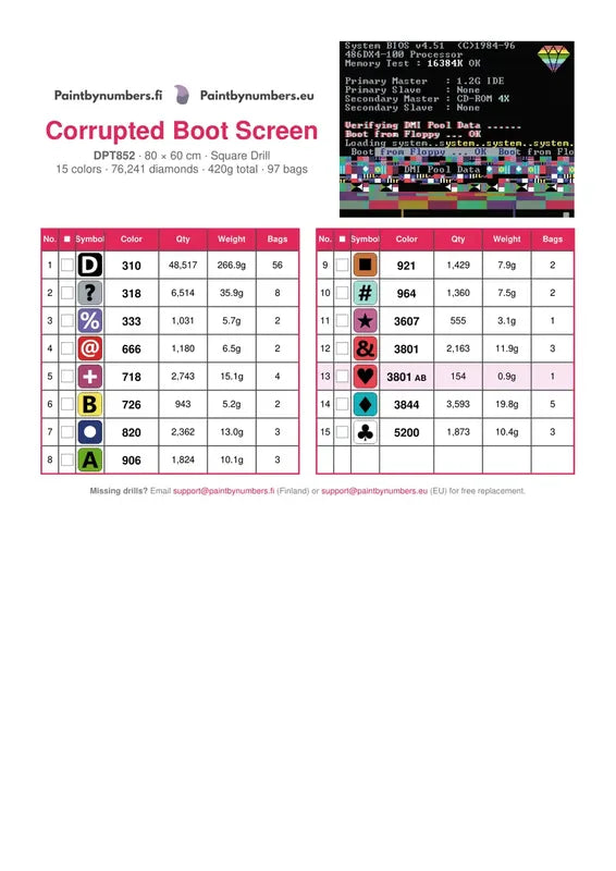 Corrupted Boot Screen timanttimaalauksen värikartta – 15 DMC-väriä
