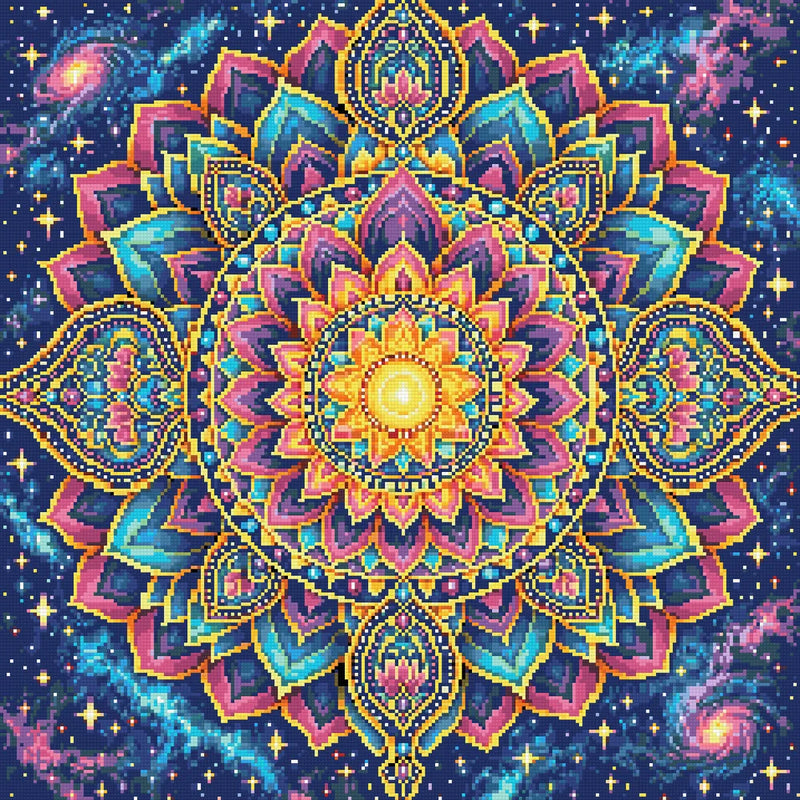 Cosmic Lotus Mandala, 60x60 cm timanttimaalaus – lopullisen kuvion esikatselu