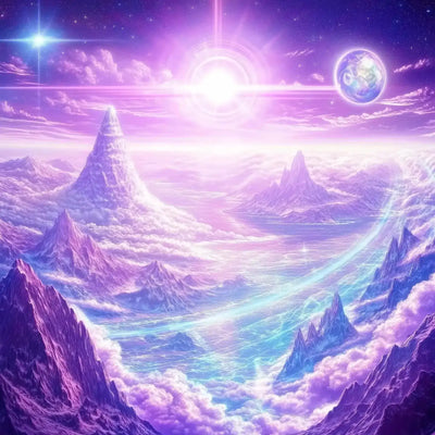 Celestial Realm -timanttimaalaus: fantasiamaisema violetein vuorin, hohtava joki ja tähtikirkas taivas