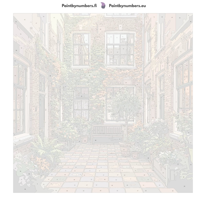 Numeroitu kangas - Courtyard with Bench and Plants 50x50cm
