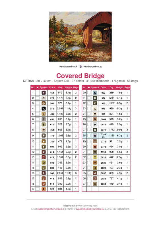 Covered Bridge timanttimaalauksen värikartta – 37 DMC-väriä