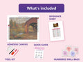 Thumbnail for Covered Bridge 50x40cm timanttimaalauspaketin sisalto: liimapintainen canvas, varikartta, tyokalut ja timanttipussit