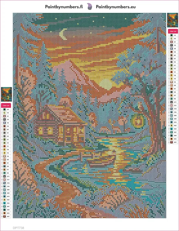 Cozy Cabin by Sunset River timanttimaalauksen liimapintainen canvas 30x40cm