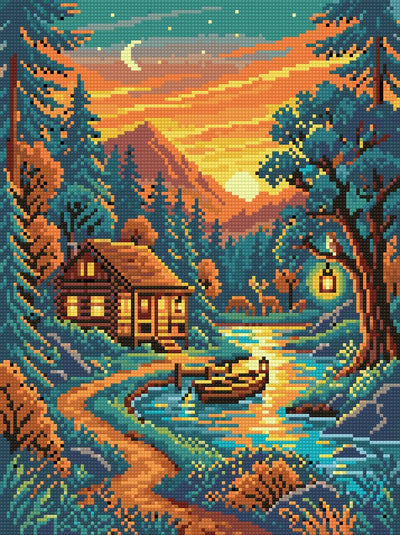 Cozy Cabin by Sunset River, 30x40 cm timanttimaalaus – lopullisen kuvion esikatselu