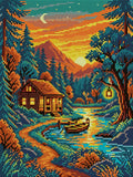 Thumbnail for Cozy Cabin by Sunset River, 30x40 cm timanttimaalaus – koko kuvion esikatselu ilman lähikuvaa