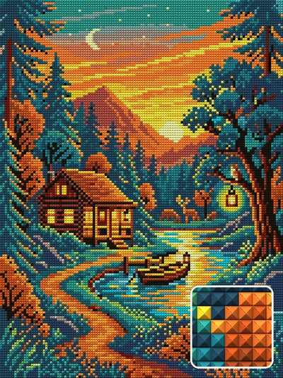 Cozy Cabin by Sunset River, 30x40 cm timanttimaalaus – lopullisen kuvion esikatselu ja lähikuva neliönmuotoisista timanteista