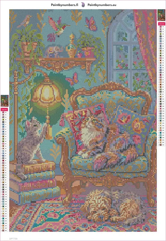 Cozy Cats and Dog in Vintage Room timanttimaalauksen liimapintainen canvas 40x60cm