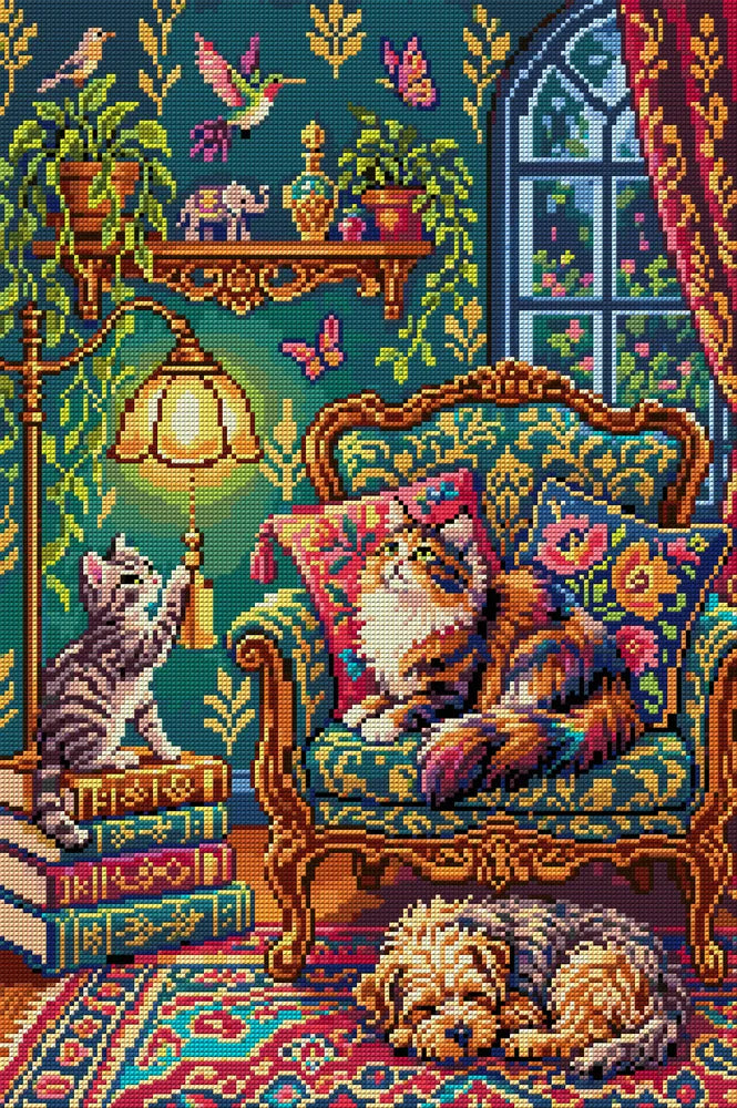 Cozy Cats and Dog in Vintage Room, 40x60 cm timanttimaalaus – koko kuvion esikatselu ilman lähikuvaa
