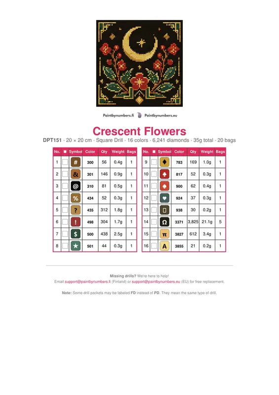 Crescent Flowers timanttimaalauksen värikartta – 16 DMC-väriä