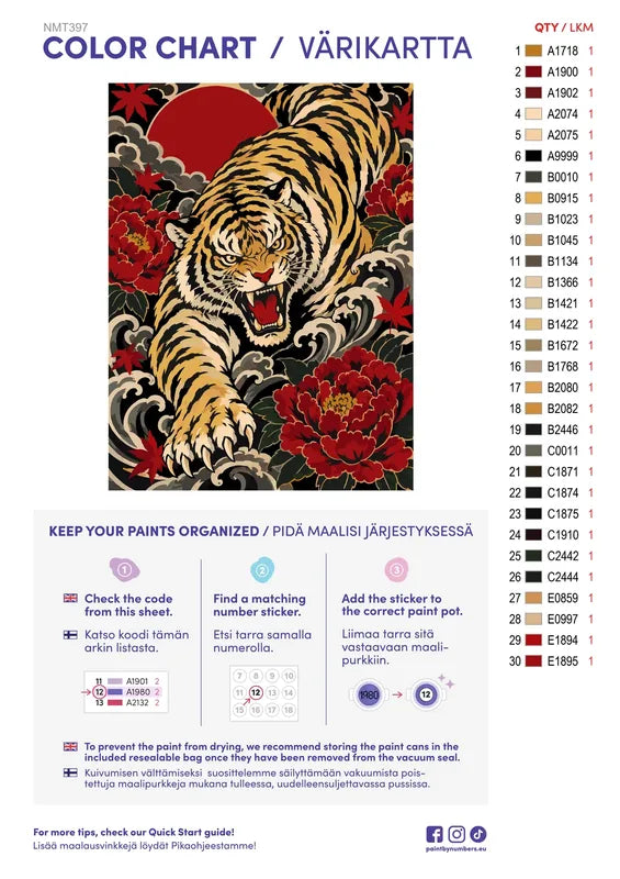 Numeromaalaus: Värikartta ja ohjeet - Crimson Tiger 30x40cm