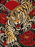 Thumbnail for Tiikeri punakukkaisessa taustassa numeromaalaus. Japanilaistyyliset aallot ja kukat.