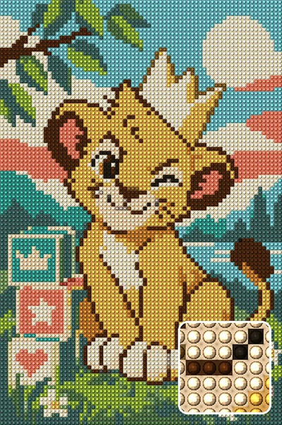 Cub with the Crooked Crown, 20x30 cm timanttimaalaus – lopullisen kuvion esikatselu ja lähikuva pyöreistä timanteista