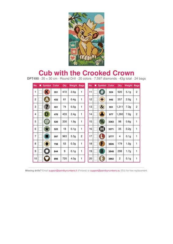 Cub with the Crooked Crown timanttimaalauksen värikartta – 20 DMC-väriä