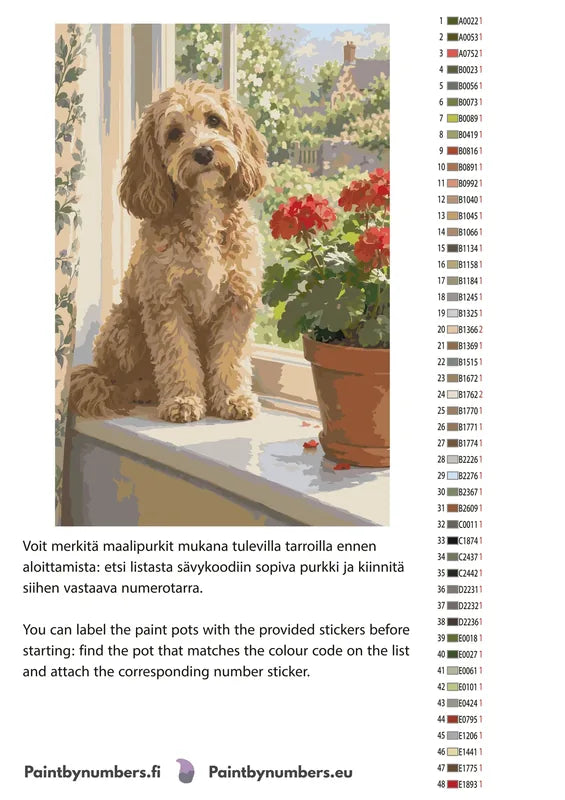 Värikartta ja ohjeet - Curly Dog on Windowsill 40x60cm