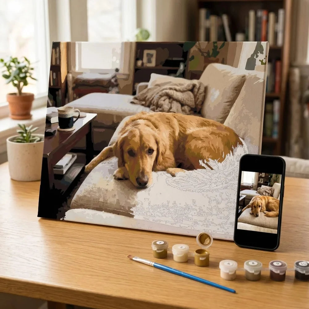 Omasta kuvasta tehtävä numeromaalaus, jossa näkyy valokuvan muuntuminen numeroiduksi kanvaaksi ja valmiiksi maalaukseksi