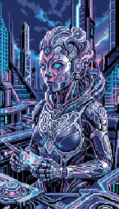 Cyberpunk Female Android Operator, 40x70 cm timanttimaalaus – lopullisen kuvion esikatselu