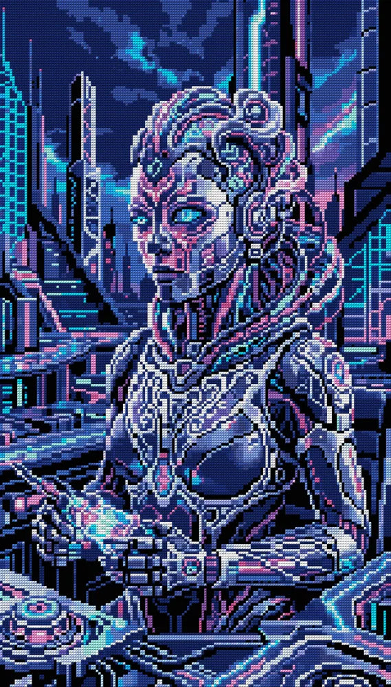 Cyberpunk Female Android Operator, 40x70 cm timanttimaalaus – koko kuvion esikatselu ilman lähikuvaa