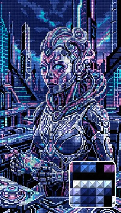 Cyberpunk Female Android Operator, 40x70 cm timanttimaalaus – lopullisen kuvion esikatselu ja lähikuva neliönmuotoisista timanteista