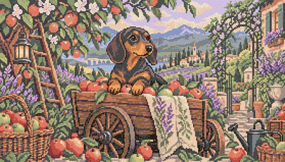 Dachshund in the Apple Cart, 70x40 cm timanttimaalaus – lopullisen kuvion esikatselu