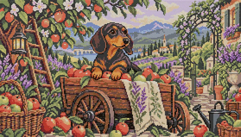 Dachshund in the Apple Cart, 70x40 cm timanttimaalaus – koko kuvion esikatselu ilman lähikuvaa