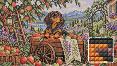 Dachshund in the Apple Cart, 70x40 cm timanttimaalaus – lopullisen kuvion esikatselu ja lähikuva neliönmuotoisista timanteista