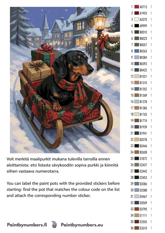 Värikartta ja ohjeet - Dachshund on Sled 30x40cm