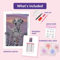 Thumbnail for Dalmatian in Lavender 40x60cm timanttimaalauspaketin sisalto: liimapintainen canvas, varikartta, tyokalut ja timanttipussit
