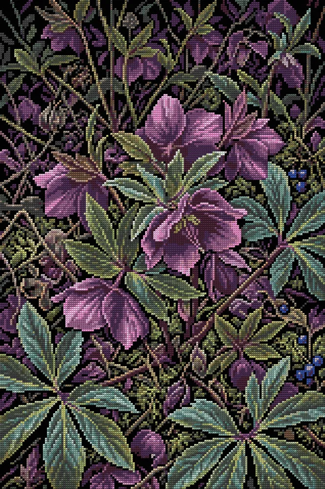 Dark Purple Woodland Flowers, 40x60 cm timanttimaalaus – koko kuvion esikatselu ilman lähikuvaa