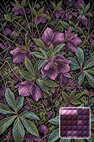 Dark Purple Woodland Flowers, 40x60 cm timanttimaalaus – lopullisen kuvion esikatselu ja lähikuva neliönmuotoisista timanteista