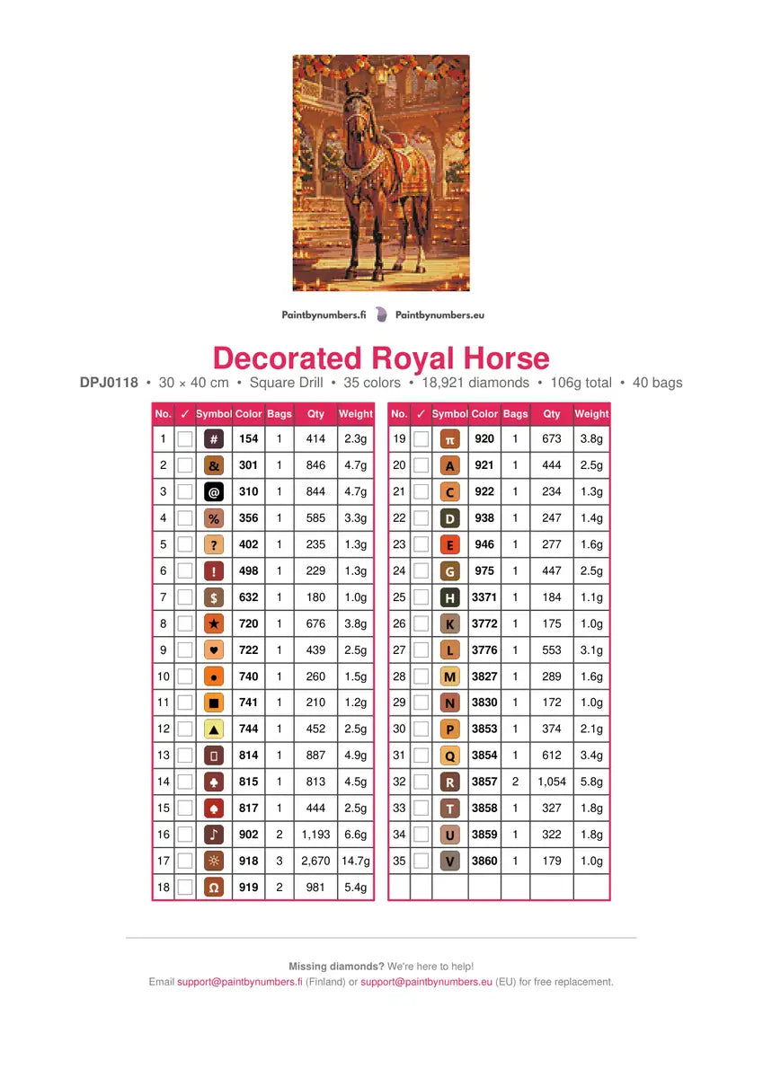 Decorated Royal Horse timanttimaalauksen värikartta – 35 DMC-väriä
