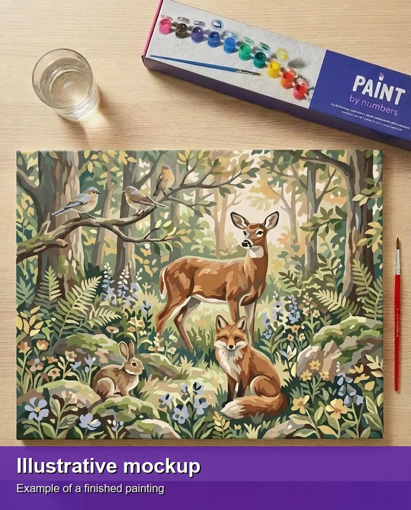 Valmiin numeromaalauksen havainnekuva - Deer Fox Rabbit Birds 50x40cm