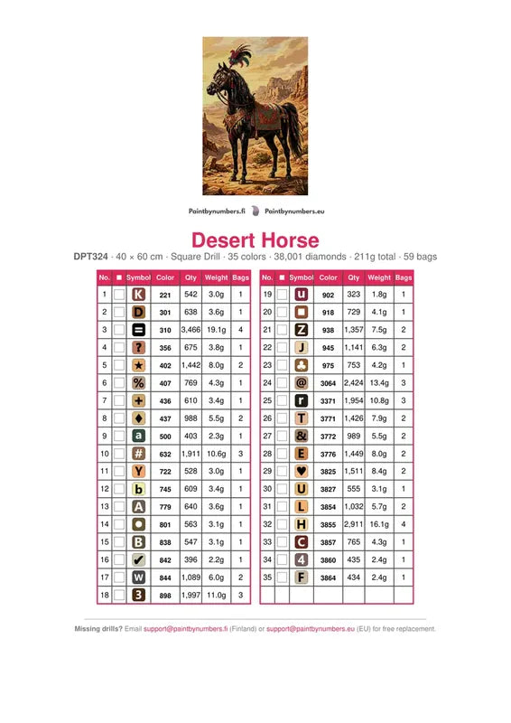 Desert Horse timanttimaalauksen värikartta – 35 DMC-väriä