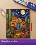 Thumbnail for Valmiin numeromaalauksen havainnekuva - Desert House and Cacti 40x50cm