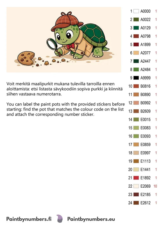 Värikartta ja ohjeet - Detective Turtle Illustration 70x40cm