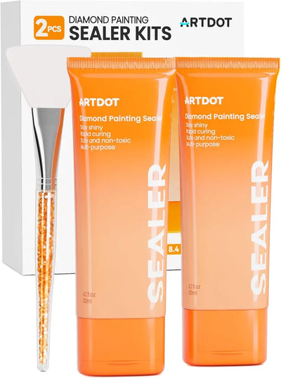 ARTDOT Diamond Painting Sealer -pakkaus, jossa kaksi 120 ml lakkaa ja levityslasta.