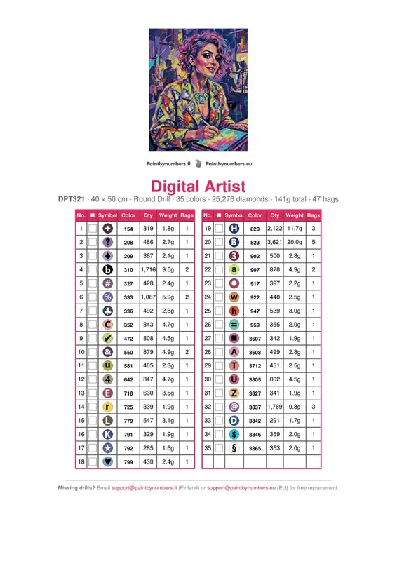 Digital Artist timanttimaalauksen värikartta – 35 DMC-väriä