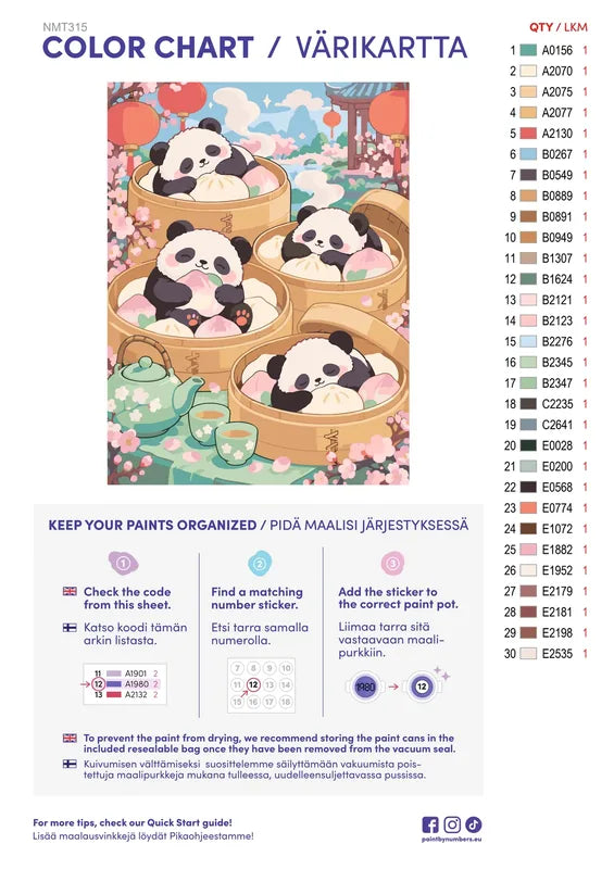 Numeromaalaus: Värikartta ja ohjeet - Dim Sum Pandas 30x40cm