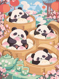 Thumbnail for Kolme pandanpentua bambukoreissa, numeromaalaus, pastellivärit.