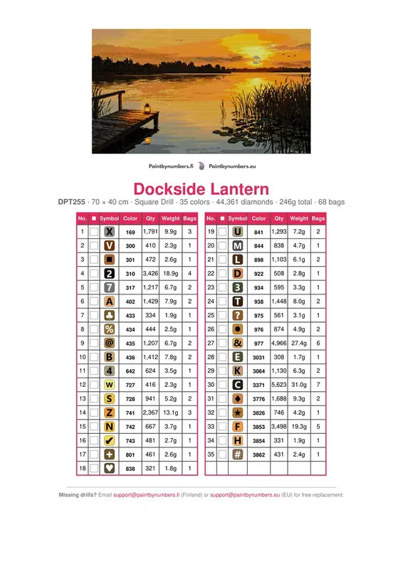 Dockside Lantern timanttimaalauksen värikartta – 35 DMC-väriä