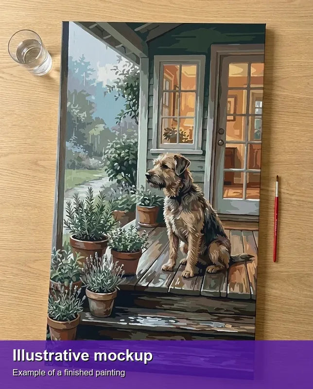 Valmiin numeromaalauksen havainnekuva - Dog on Porch Steps 40x70cm