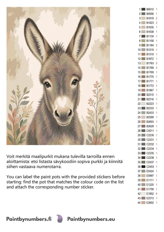 Värikartta ja ohjeet - Donkey Portrait with Plants 60x80cm
