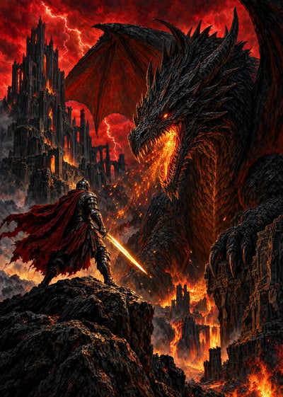 Dragon Knight of the Burning Peaks, 50x70 cm timanttimaalaus – alkuperäinen kuva, josta kuvio on tehty