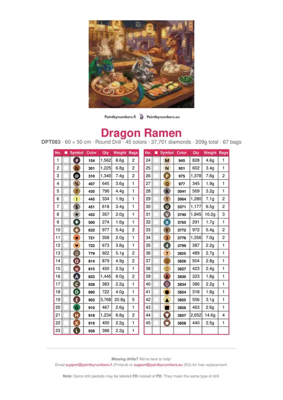 Dragon Ramen timanttimaalauksen värikartta – 45 DMC-väriä