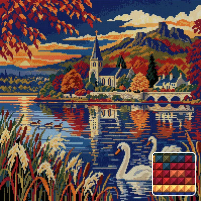 Duddingston Reed Reflections, 50x50 cm timanttimaalaus – lopullisen kuvion esikatselu ja lähikuva neliönmuotoisista timanteista